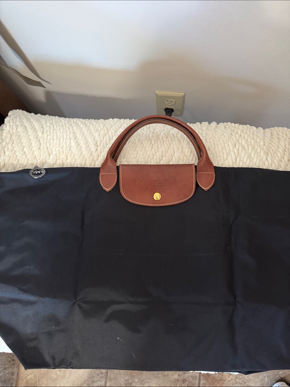 Longchamp Navy Nylon Tote with Brown Leather Trim and Handles - Picture 1 of 6